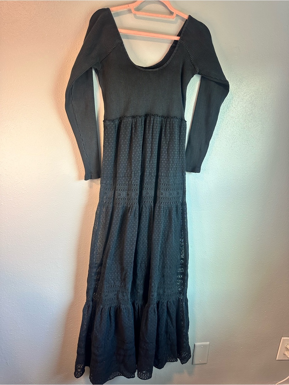 Free People Earth Angel Ribbed Lace Tiered Maxi Dress Black